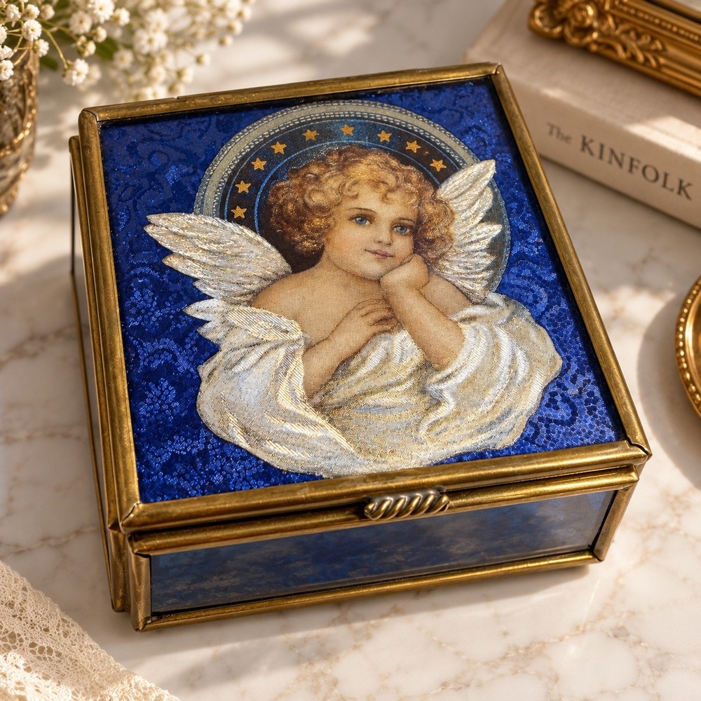 Vintage 1993 Enesco Thomas Angel Cherub Brass Cobalt Blue Glass Trinket Box Gold